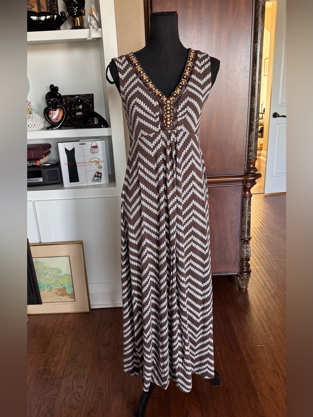 Chico’s Brown Chevron Beaded Maxi Dress